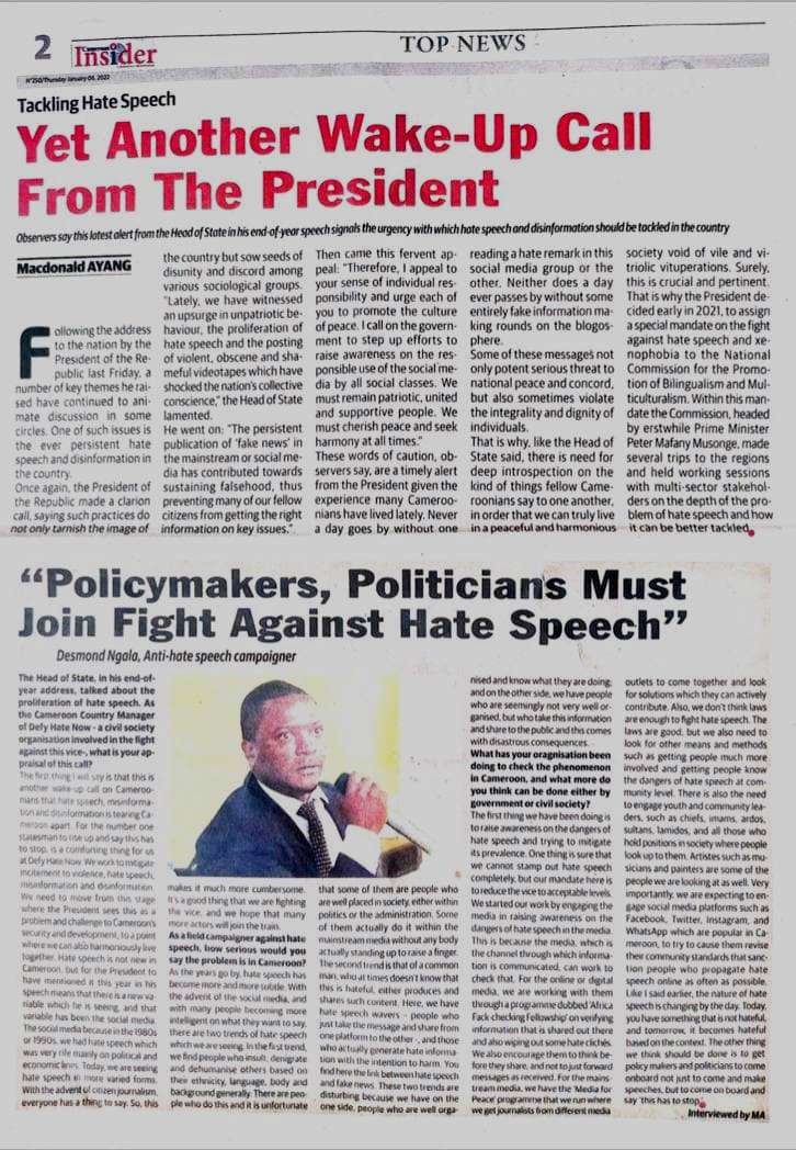 Cameroon Insider : Tackling Hatespeech : Yet Another Wake Up Call from the President
