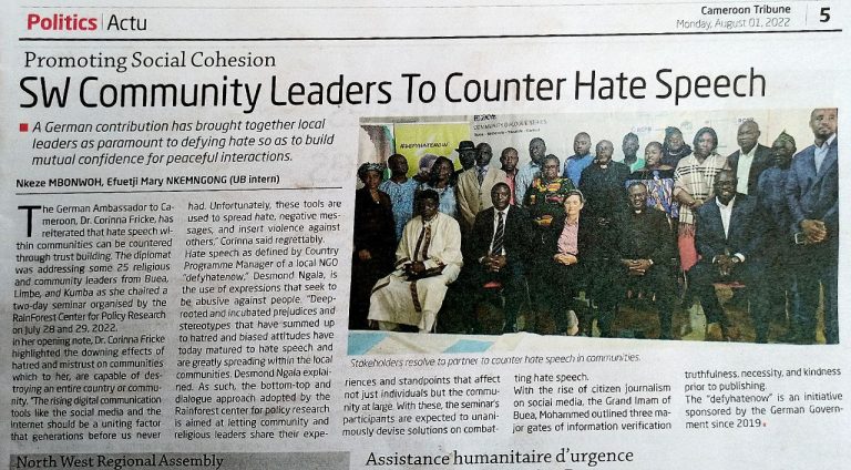 Cameroon Tribune daily: Promoting Social Cohesion; SW Community Leaders to Counter Hatespeech