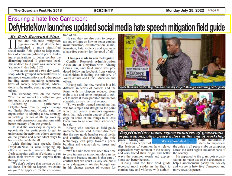 The Guardian Post Newspaper : Ensuring a hate free Cameroon, #defyhatenow launches updated version of the Field Guide