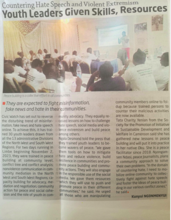 Cameroon Tribune: Countering Hate speech & Violent Extremism, Youth Leaders Receive Skills & Resources