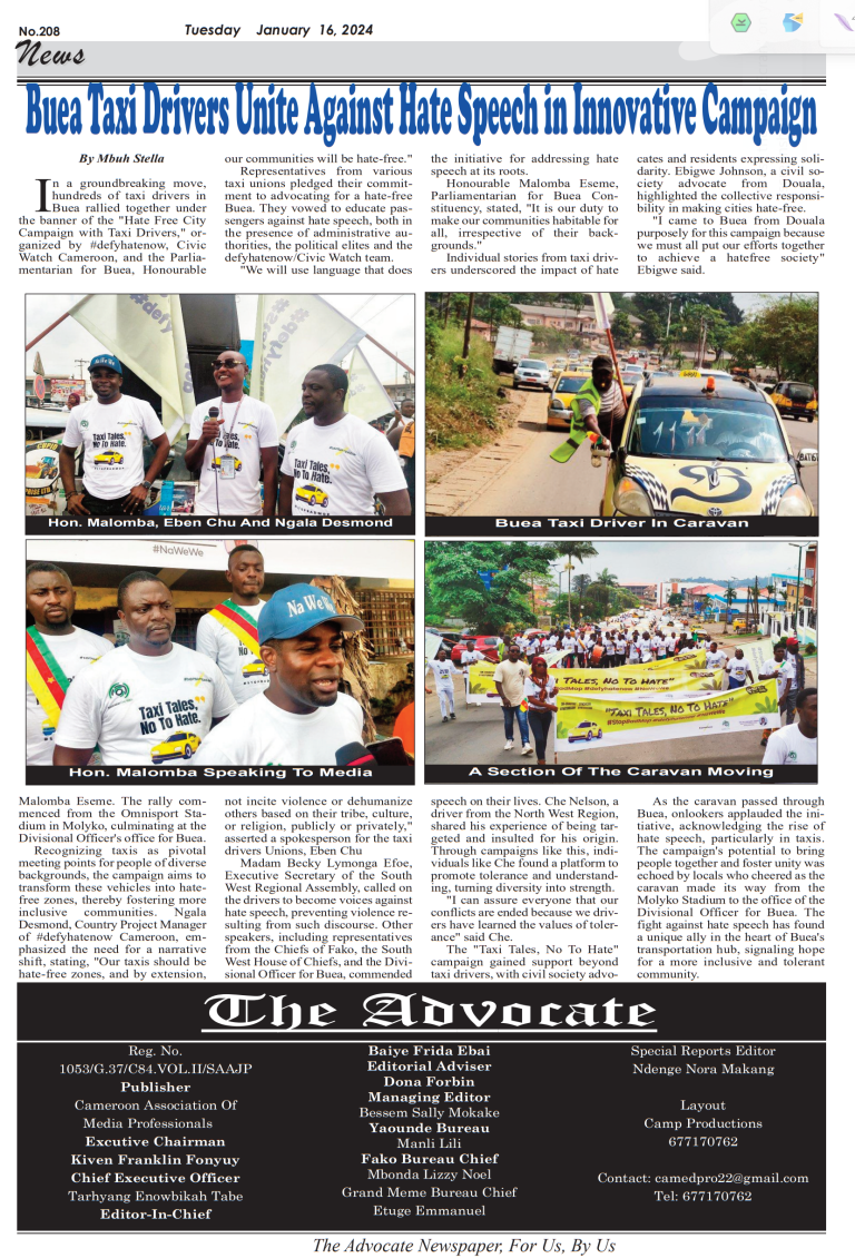 The Advocate Newspaper : Buea Taxi Drivers Unite Against Hatespeech in Innovative Campaign